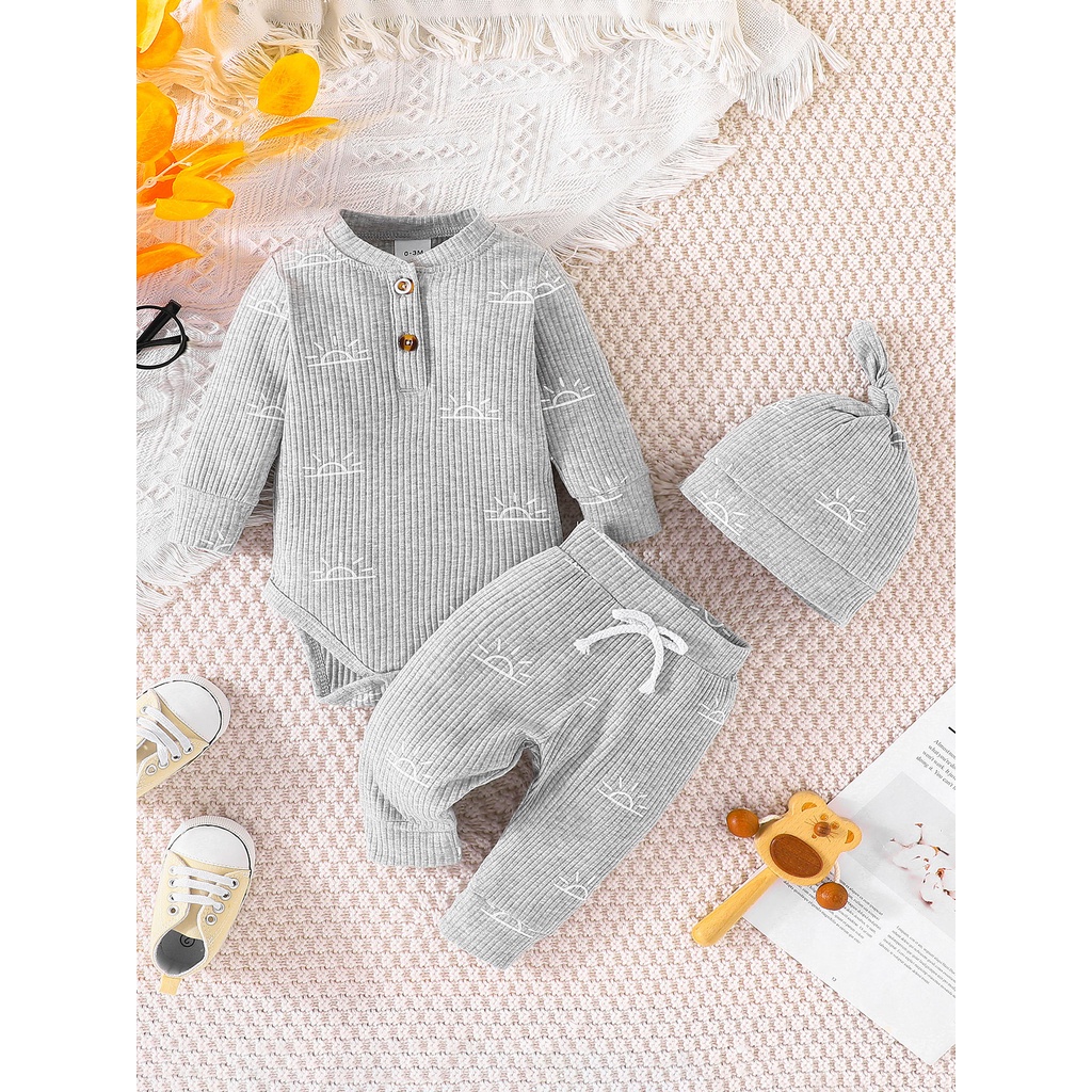 Combo bộ đồ bé Trai Gái 0-18 tháng dài tay in hình mặt trời bodysuit liền thân quần dài có mũ set thời trang cho bé trẻ em sơ sinh