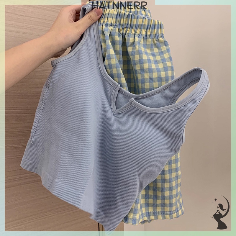 Vest pyjama thắt lưng thun hoa có đệm ngực quần pyjama quần mặc nhà bộ mùa hè cho nữ fhs