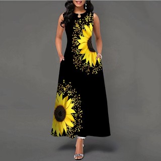 Đầm Dài Dáng Chữ A Không Tay In Họa Tiết Hoa Hướng Dương Phong Cách Bohemian Cổ Điển Thời Trang Cho Nữ