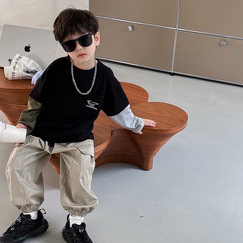 Áo t-shirt trẻ em nhật bản và hàn quốc dài tay in hình khủng long khâu tay áo bé trai dưới cùng