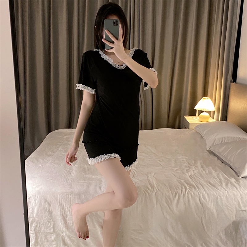 Bộ đồ ngủ cotton phương thức nữ mùa hè hàn quốc với miếng đệm ngực vẻ đẹp trở lại phong cách công chúa hai mảnh mặc nhà có thể mặc bên ngoài