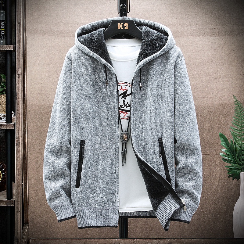 Áo khoác len nam hanlu dây kéo dài tay có túi lông cừu dày có mũ trùm đầu vải chất lượng hàng đầu