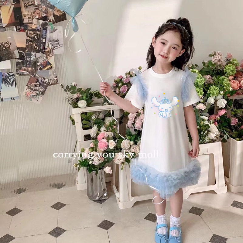 Cô gái công chúa váy mùa hè ánh sáng giải trí t-shirt phim hoạt hình kuromi cinnamoroll in thời trangtutu váy trẻ em quần áo