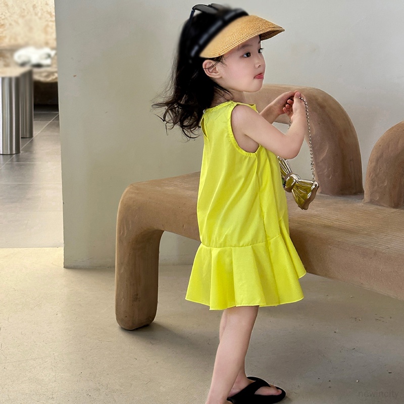 Trẻ em hàn quốc cô gái không tay màu rắn hem ruffled design dress