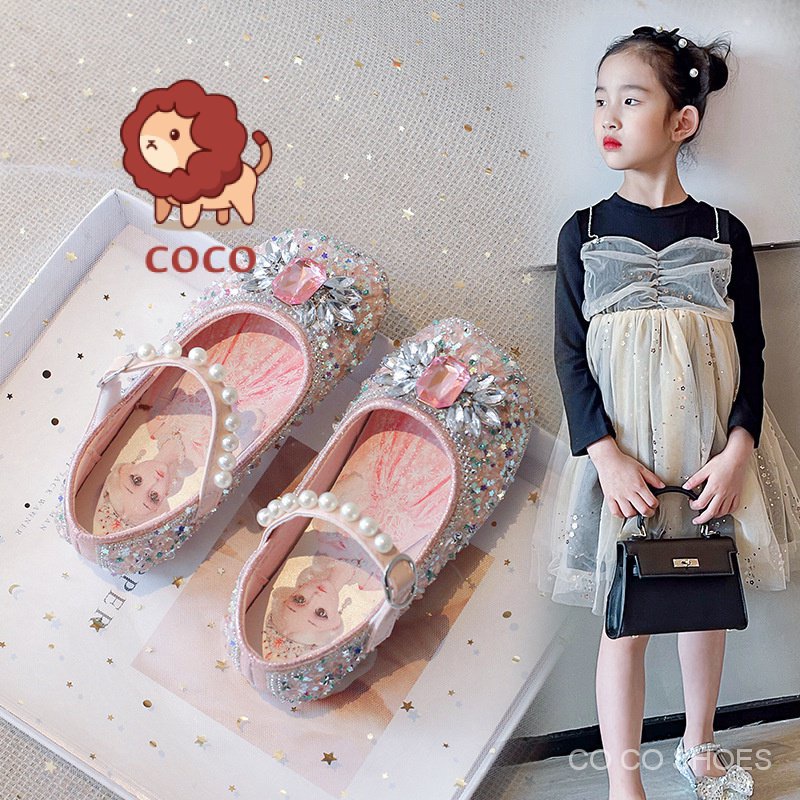 Giày công chúa pha lê rhinestone cho bé gái 2023 mùa thu phong cách mới dành cho trẻ em trung lớn ngôi sao trẻ em sequins giày biểu diễn sáng bóng