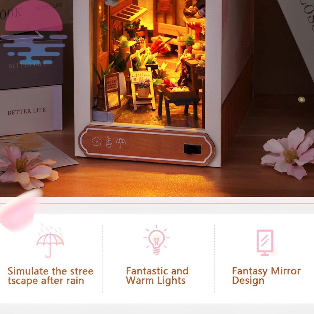 Diy book nook kit giá sách xếp hình bằng gỗ 3d chèn trang trí với đèn led diy miniature dollhouse model kit shopskc3583