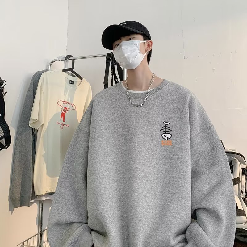 Áo sweater Nam Tay Dài Dáng Rộng Cổ Tròn In Hình Xương Cá Phong Cách Hàn Quốc Thời Trang Mùa Thu