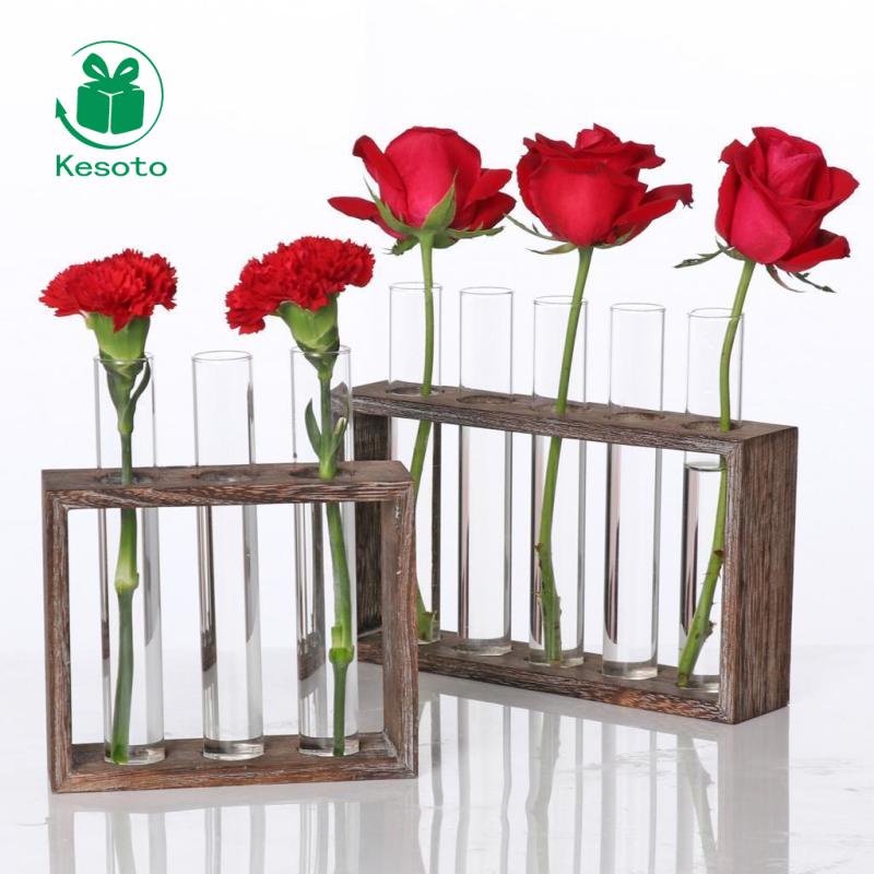 Bình hoa thủy tinh Kesoto để bàn tích hợp giá đỡ gỗ tiện dụng