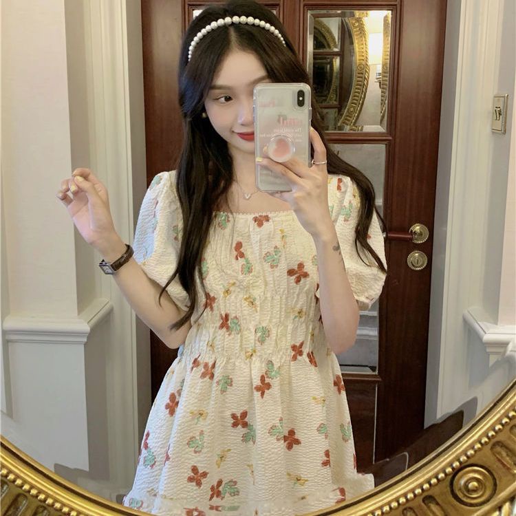 Đầm Cổ Vuông Tay Phồng In Họa Tiết Phong Cách Hàn Quốc Thời Trang Mùa Hè Xinh Xắn Cho Nữ