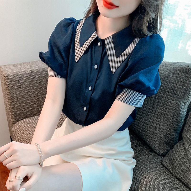 Áo Sơ Mi Tay Phồng Cổ Búp Bê Họa Tiết Kẻ Sọc Phong Cách Cổ Điển Mẫu Mới 2023 Thời Trang Mùa Hè Cho Nữ