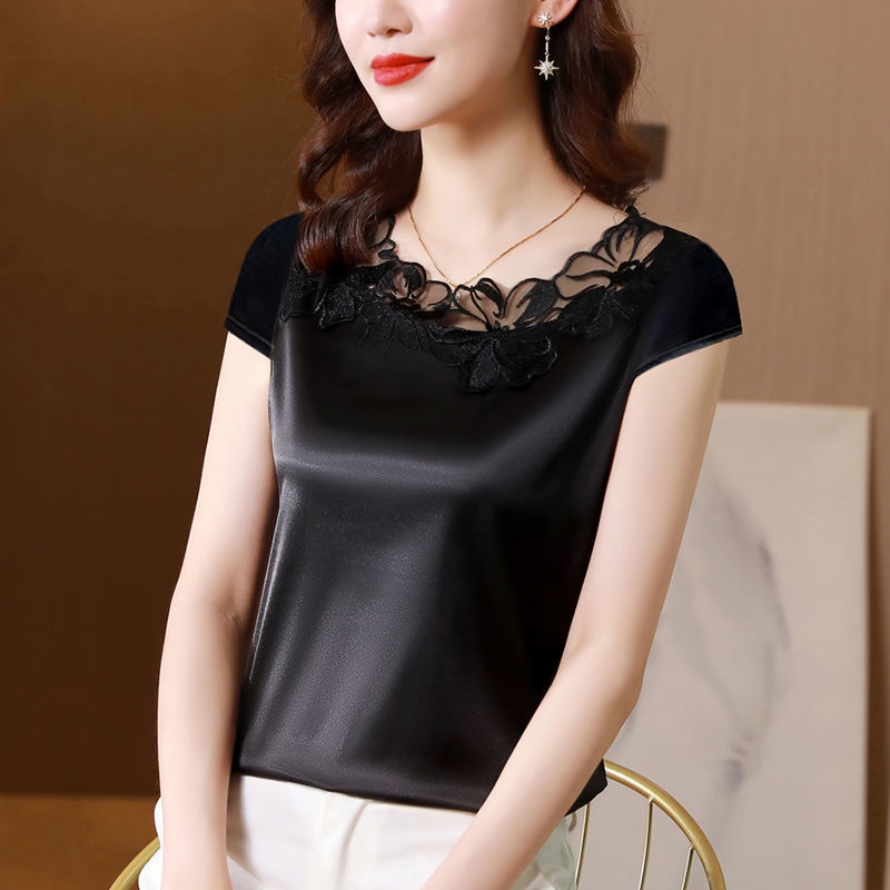 Áo Thun Satin Ngắn Tay Phối Ren Phong Cách Mới Mùa Hè Cho Nữ