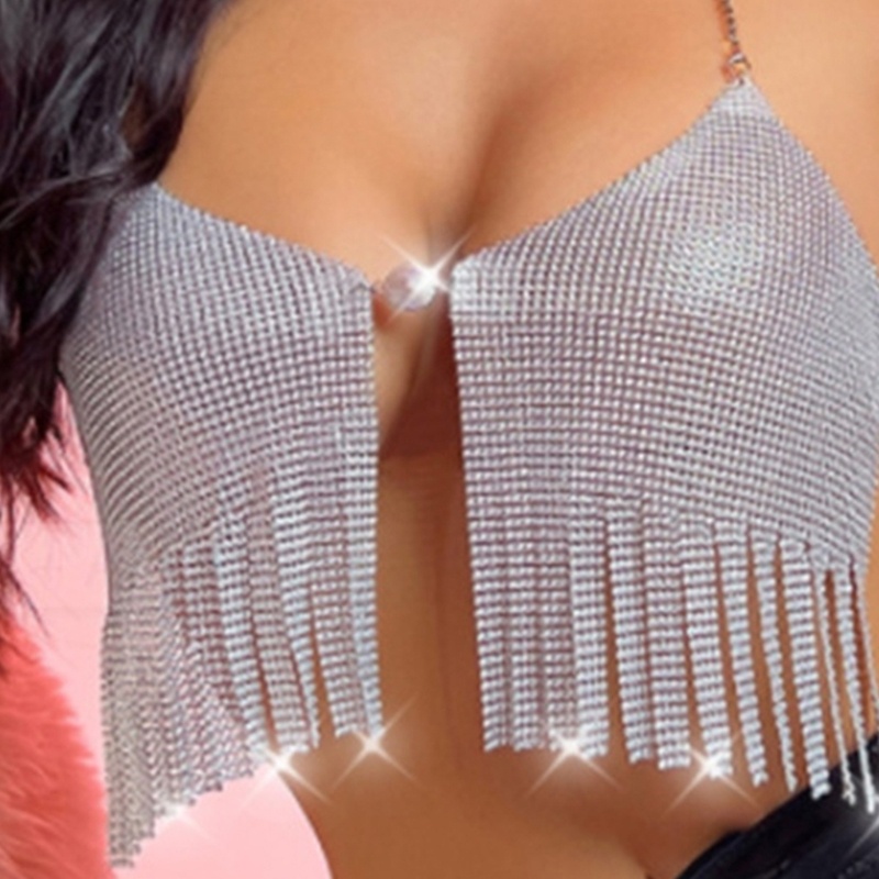 Oneri Áo Croptop Dây Xích Kim Loại Hở Lưng Phối Tua Rua Dự Tiệc Đêm