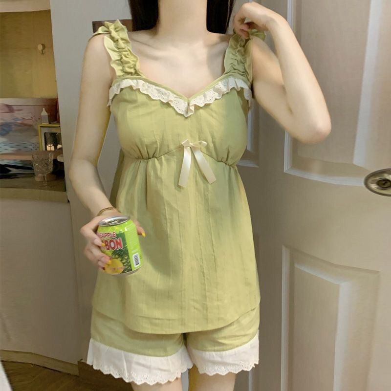 Bộ Đồ Ngủ Hai Dây Phối Ren Có Miếng Đệm Ngực Thời Trang Mùa Hè Cho Nữ