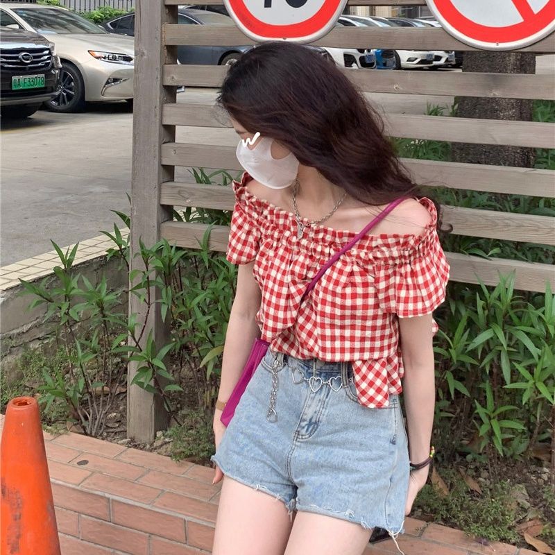 Áo Sơ Mi Trễ Vai Kẻ Sọc Caro Trẻ Trung Hợp Thời Trang Hè 2023 Cho Nữ
