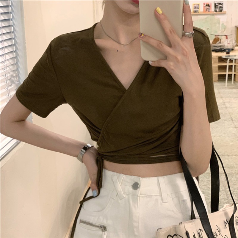 Áo Thun Nữ Ngắn Tay Cổ Chữ v Cột Dây Màu Đen