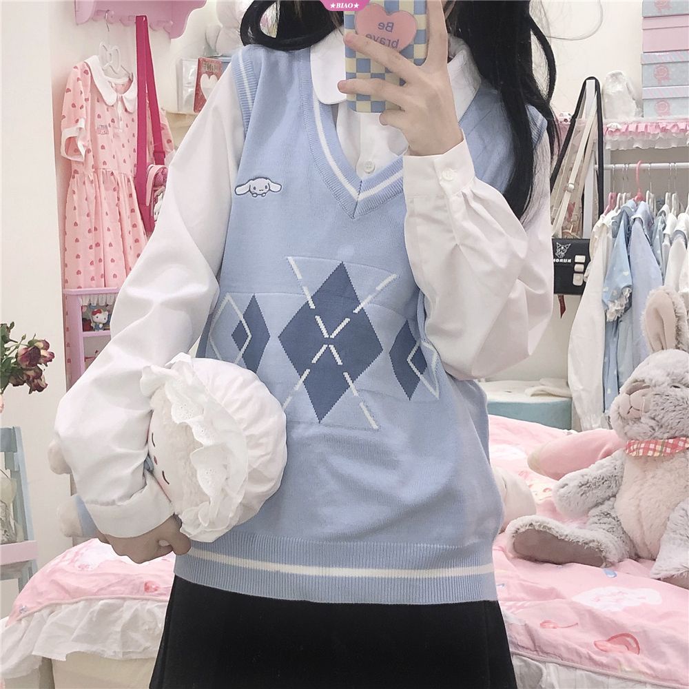 Áo Sweater Dệt Kim Y2K Không Tay Ấm Áp In Hình Sanrio Hello Kitty Kuromi Cinnamoroll Đáng Yêu Cho Bé Gái