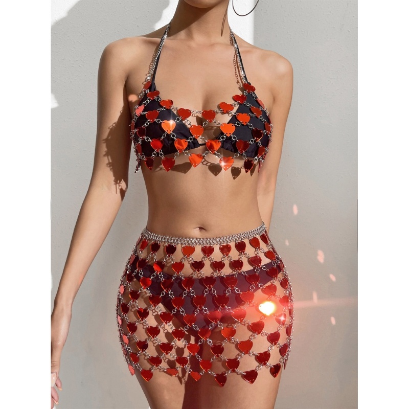 Xiangbao Bộ Áo Ngực Và Chân Váy Tua Rua Đính Kim Sa Hình Trái Tim Cho Nữ