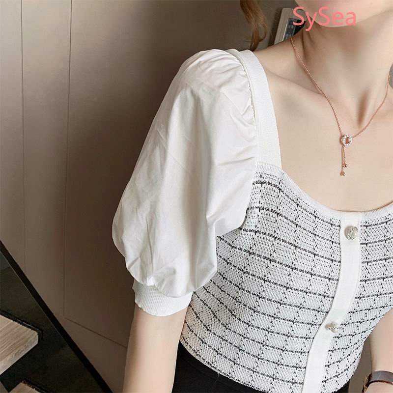 Áo Dệt Kim Tay Phồng Cổ Vuông Thời Trang Pháp Cho Nữ