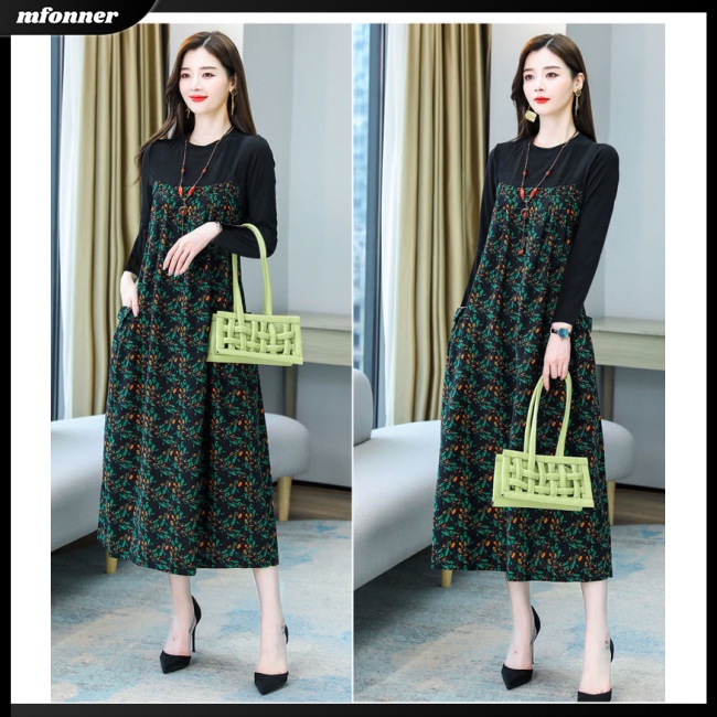 Đầm DàI Tay Cổ TròN, In HọA TiếT Hoa DàNh Cho Nữ