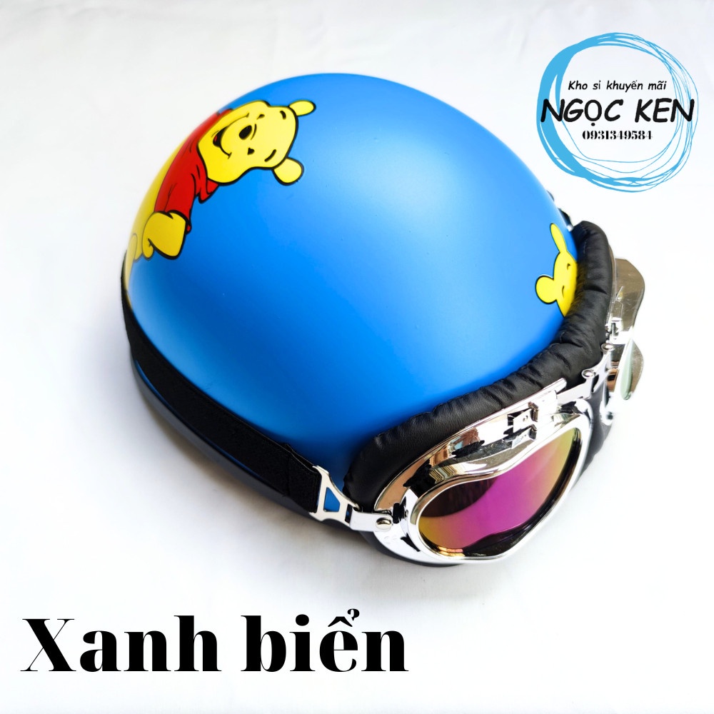 Mũ bảo hiểm nửa đầu in hình Gấu Pood nhiều màu cute,có kính uv kính phi công (Size người lớn)