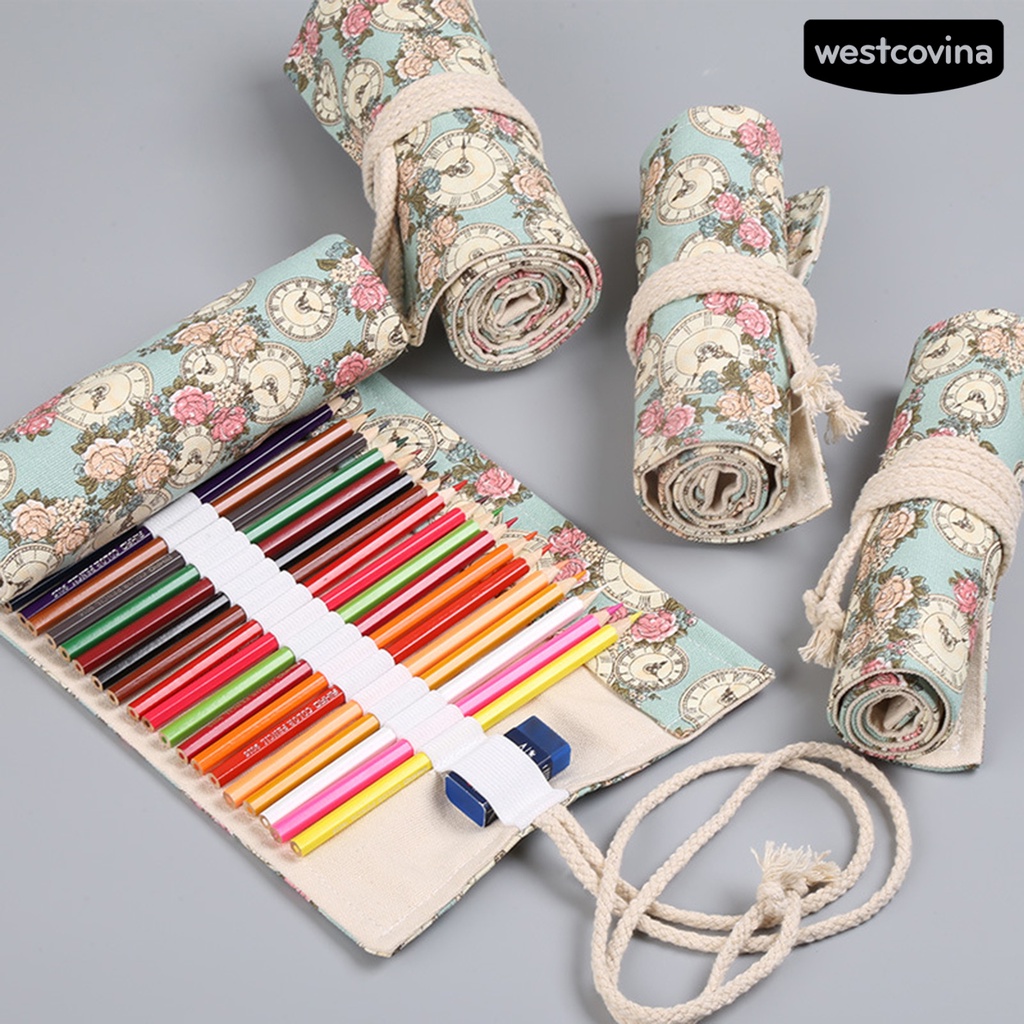[COD]♪Túi Đựng Bút Dạng Cuộn 12 / 24 / 36 / 48 / 72 Lỗ Bằng Vải Canvas In Họa Tiết Hoa Hồng Sức Chứa Lớn