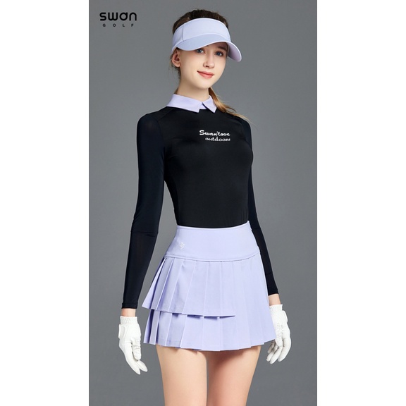 Bộ Trang Phục Đánh Golf Áo Thun Tay Dài Phối Chân Váy Xếp Ly Ôm Dáng Màu Sắc Tương Phản Thời Trang Cho Nữ OBQ9