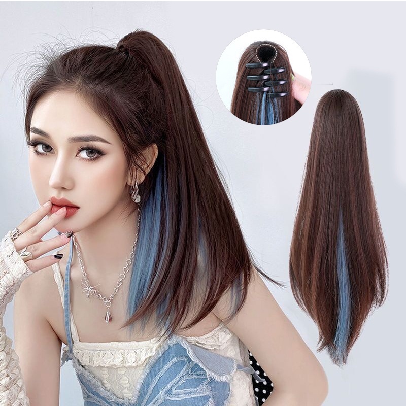 Tóc Giả Đuôi Ngựa Thẳng Dài Màu Đen / Xanh Dương Kèm Kẹp Tiện Dụng