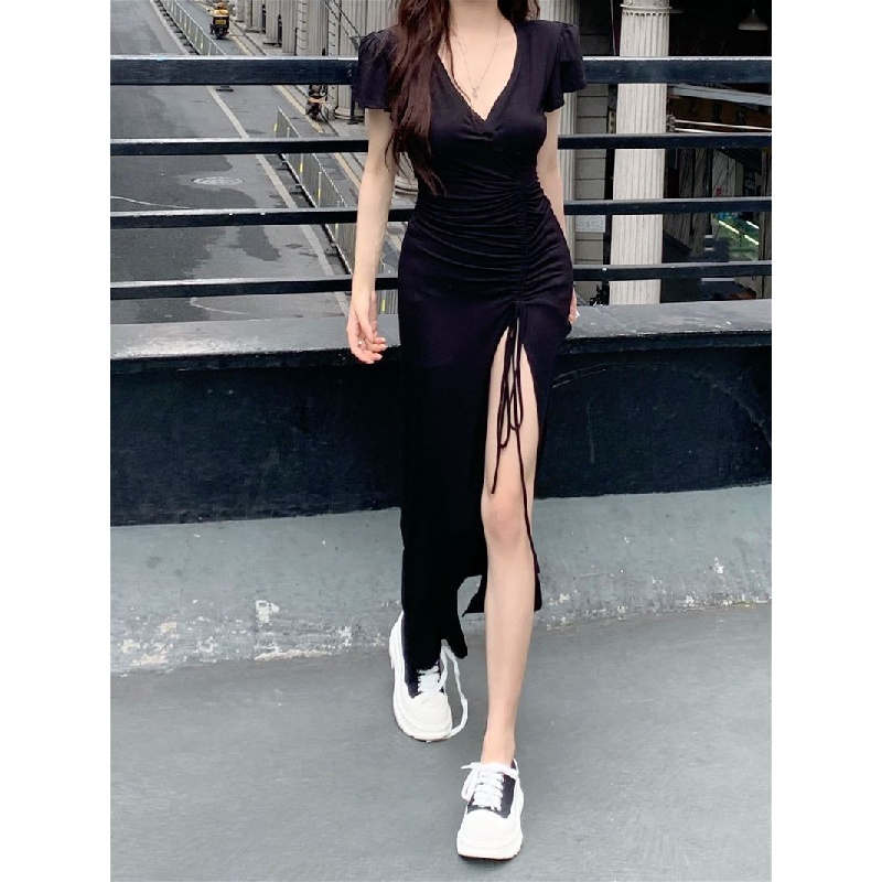 New high-cold royal sister style V-neck short-sleeved knitted dress French temperament drawstring slim long dress slimming hip sexy split long dress