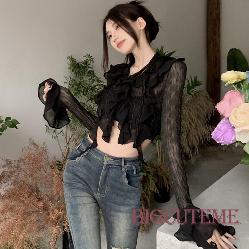 Áo Lưới Tay Dài Cổ Chữ V Màu Đen Thời Trang Xuân Hè Dành Cho Nữ