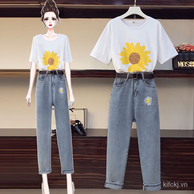 Set Áo Thun Ngắn Tay + Quần Jeans Dài Tới Mắt Cá 100kg Phong Cách Mới Cho Nữ