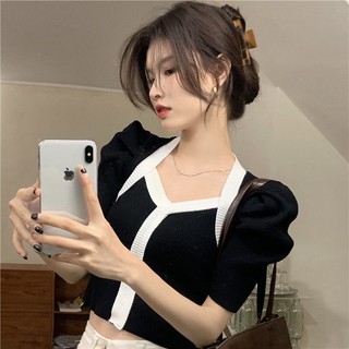 Áo Dệt Kim Tay Phồng Ngắn Cổ Chữ v Màu Đen Thời Trang Mùa Hè Cho Nữ-AA1363