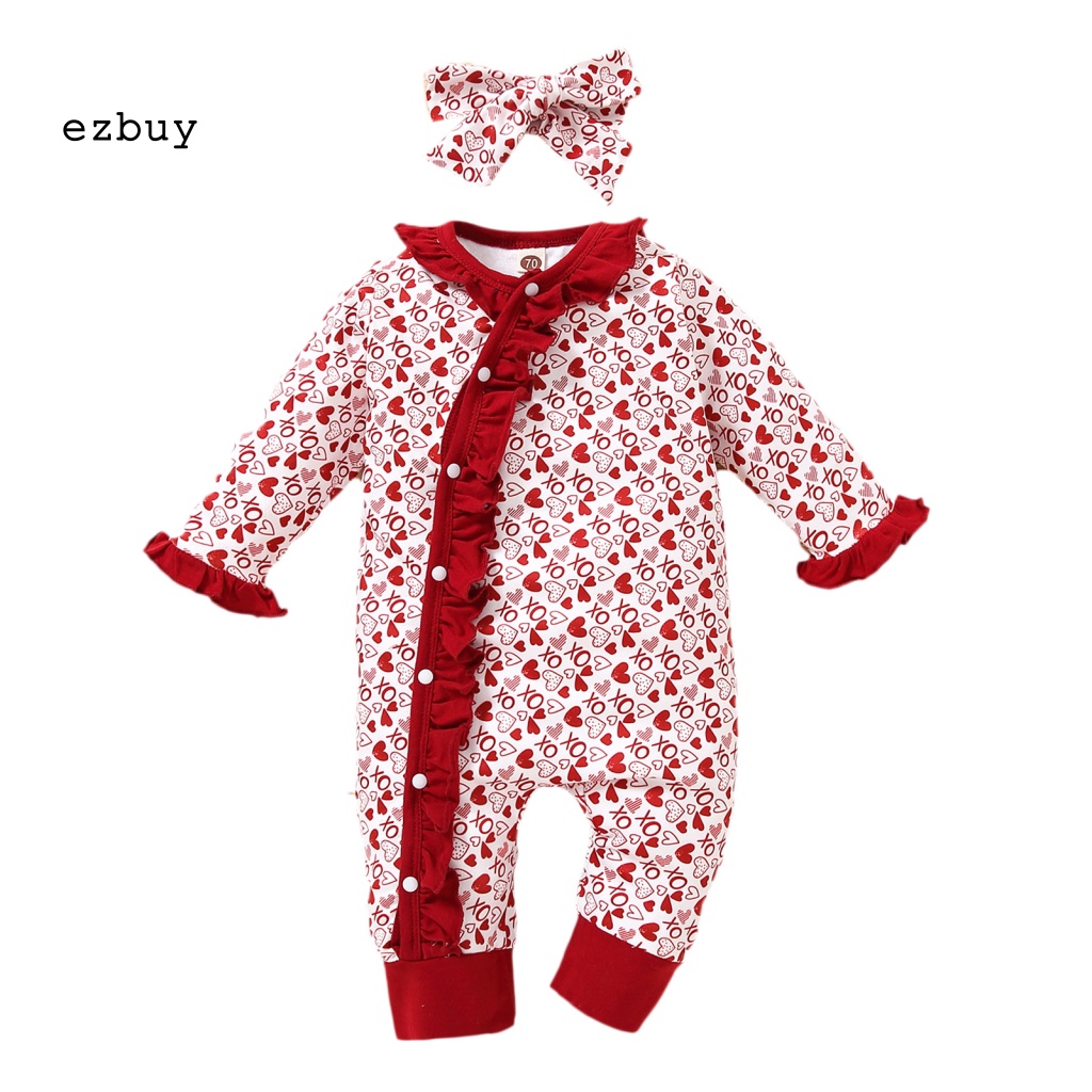 Set 2 Áo Liền Quần Mềm Mại Thoải Mái In Họa Tiết Trái Tim Kèm Băng Đô Cho Bé