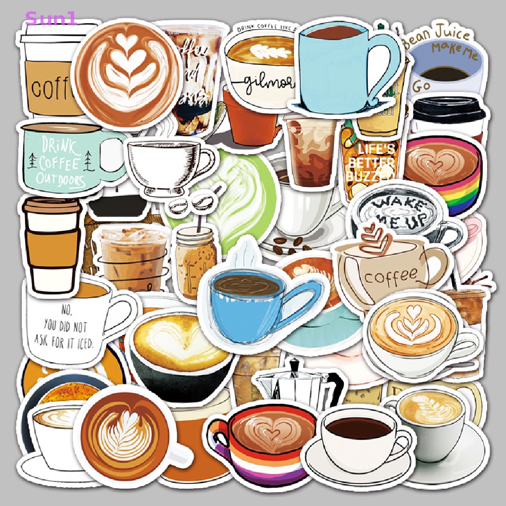 Set 50 Sticker Họa Tiết Cà Phê Hoạt Hình Trang Trí Laptop / Xe Scooter DIY
