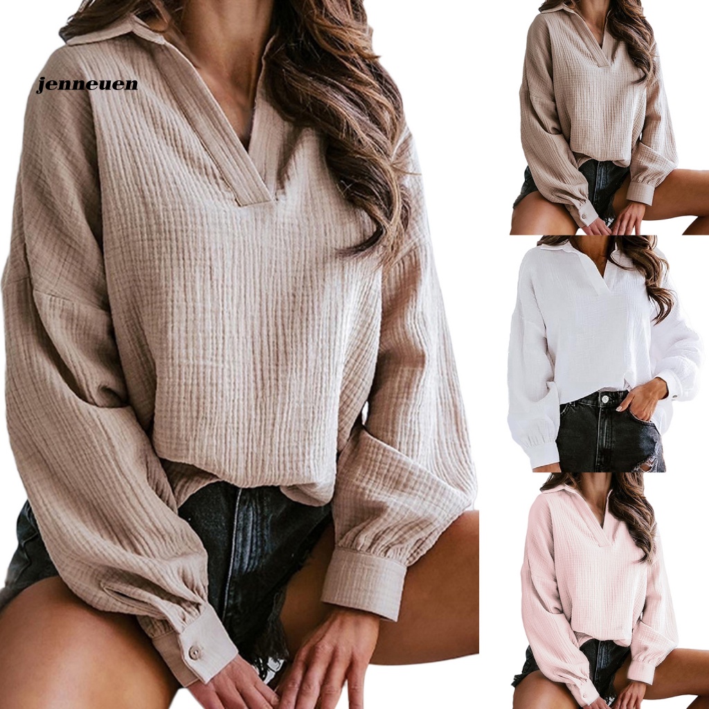 Áo Sơ Mi Tay Dài Phồng Cổ Bẻ Màu Trơn Thời Trang Dành Cho Nữ