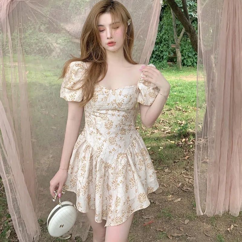Đầm Ngắn Ôm Eo Họa Tiết Hoa Phong Cách Pháp Thời Trang Mùa Hè Cho Nữ