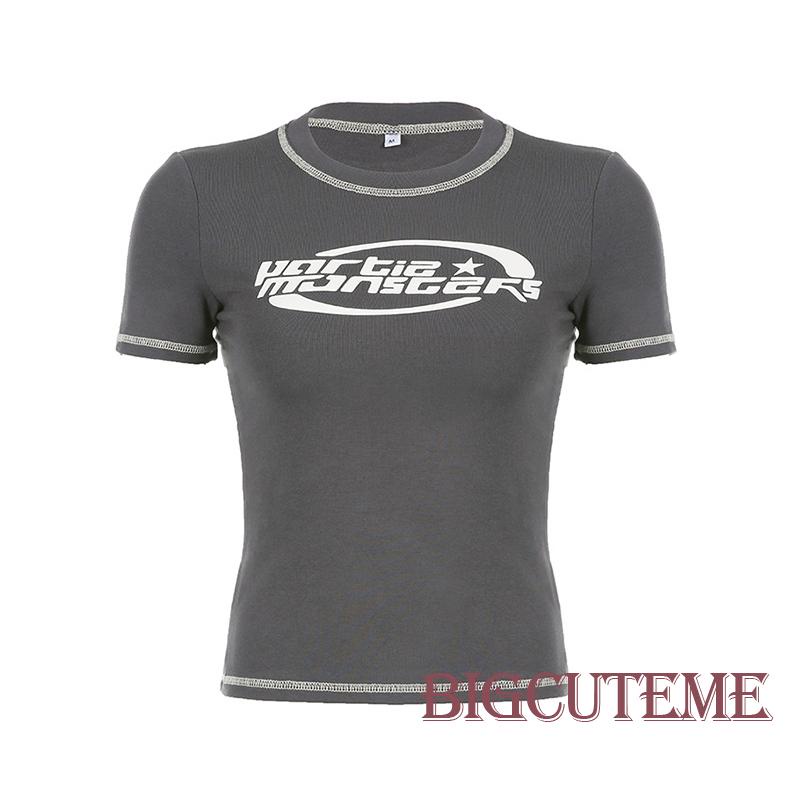 Áo Thun Tay Ngắn Cổ Tròn In Chữ Ôm Dáng Thời Trang Mùa Hè Dành Cho Nữ