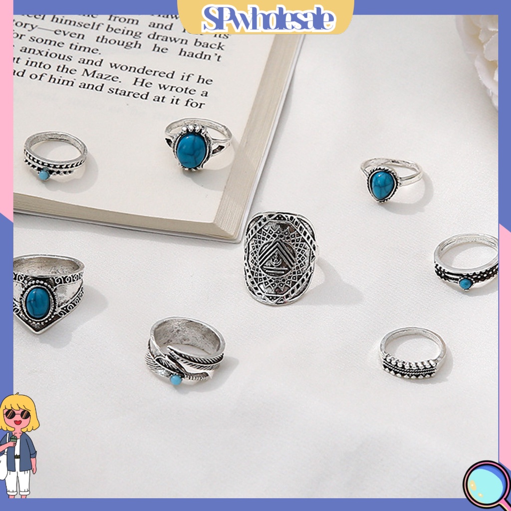 <SPwholesale> Set 8 Nhẫn Đeo Khớp Ngón Tay Đính Đá Ngọc Lam Giả Phong Cách Bohemian Thời Trang