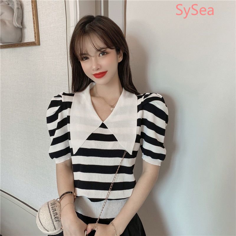 Áo Kiểu Tay Phồng Họa Tiết Kẻ Sọc Phong Cách Retro