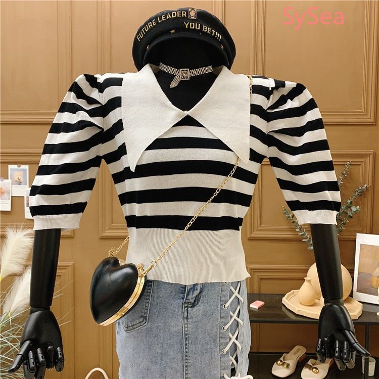 Áo Kiểu Tay Phồng Họa Tiết Kẻ Sọc Phong Cách Retro