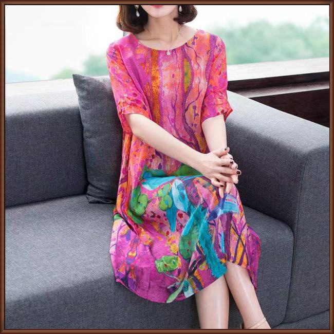 Đầm Tay Ngắn Cổ Tròn Dáng Rộng Chất Liệu Lụa Lạnh In Họa Tiết Thời Trang Cho Nữ