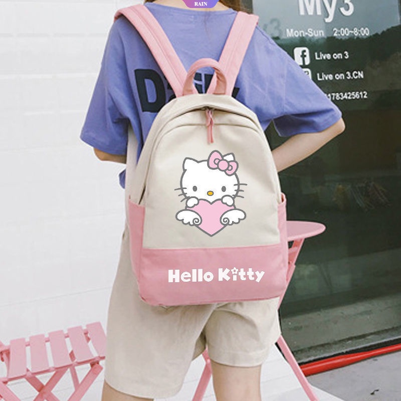 Ba Lô Vải Canvas Sức Chứa Lớn Có Khóa Kéo In Họa Tiết Hoạt Hình Sanrio Hello Kitty Phong Cách Harajuku Nhật Bản Cho Nữ