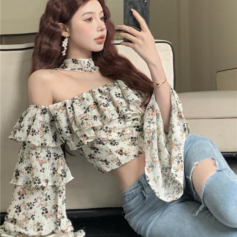 New French flounced floral shirt one-shoulder chiffon long-sleeved shirt off-shoulder sexy short printed shirt