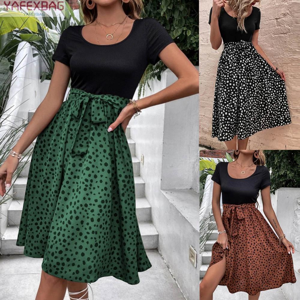 Dress Knee Length Leopard O-Neck Short Dress Short Sleeve Streetwear Summer