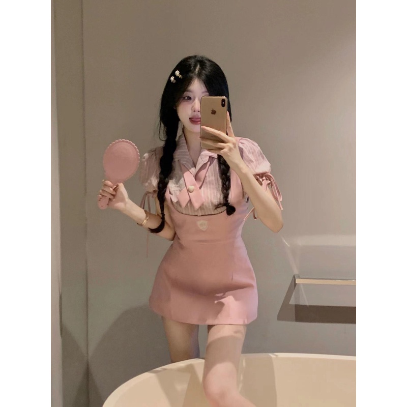「Nonfatgirl」Set Đầm Hai Dây Màu Hồng + Áo Sơ Mi Tay Ngắn Kẻ Sọc Thời Trang Mùa Hè Cho Nữ