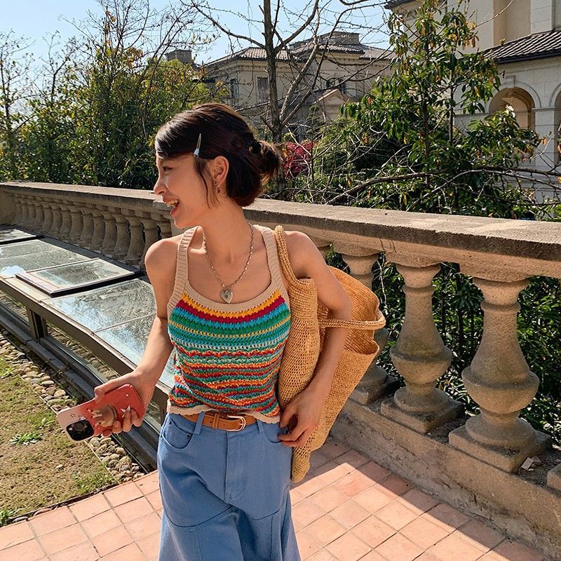 Áo Dệt Kim Hai Dây Dáng Ngắn Họa Tiết Kẻ Sọc Cầu Vồng Trước Và Sau Lưng Thời Trang Xuân Hè Cho Nữ