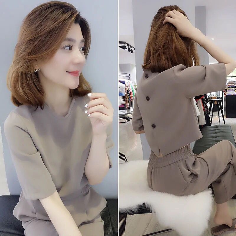 Bộ Áo Tay Lửng Dáng Rộng Phối Quần Ống Rộng Thời Trang Xuân Hè Cho Nữ