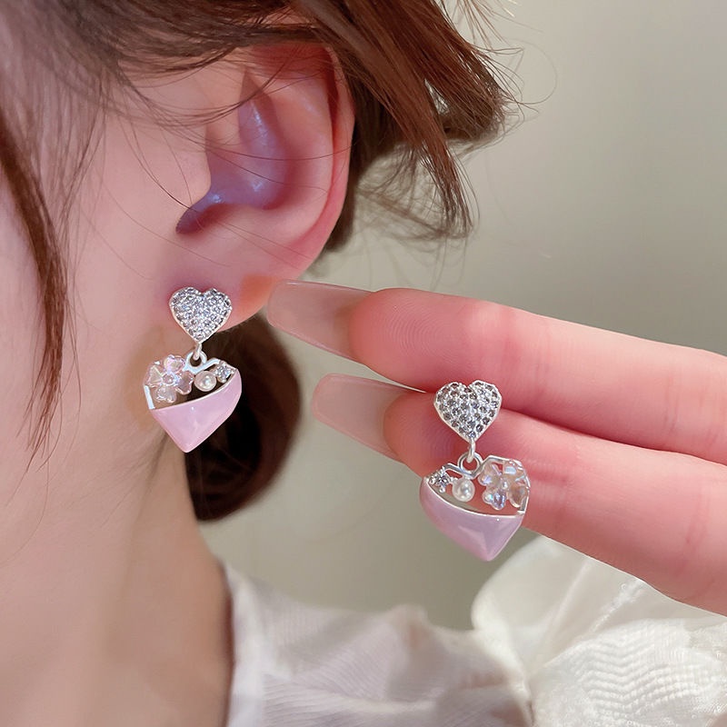 Bông Tai Bạc Hình Trái Tim Đính Đá Opal Trong Suốt Thời Trang Mùa Hè Dễ Phối Đồ