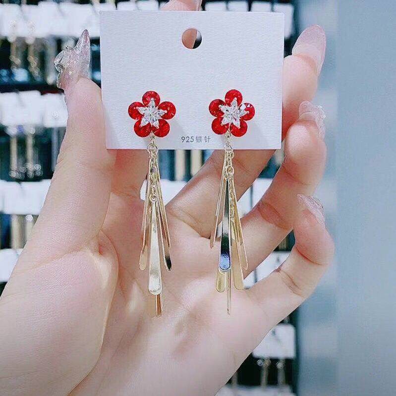 Khuyên Tai Tua Rua Dáng Dài Hình Hoa Năm Cánh Đính Đá Pha Lê Phong Cách Hàn Quốc Thời Trang Cho Nữ