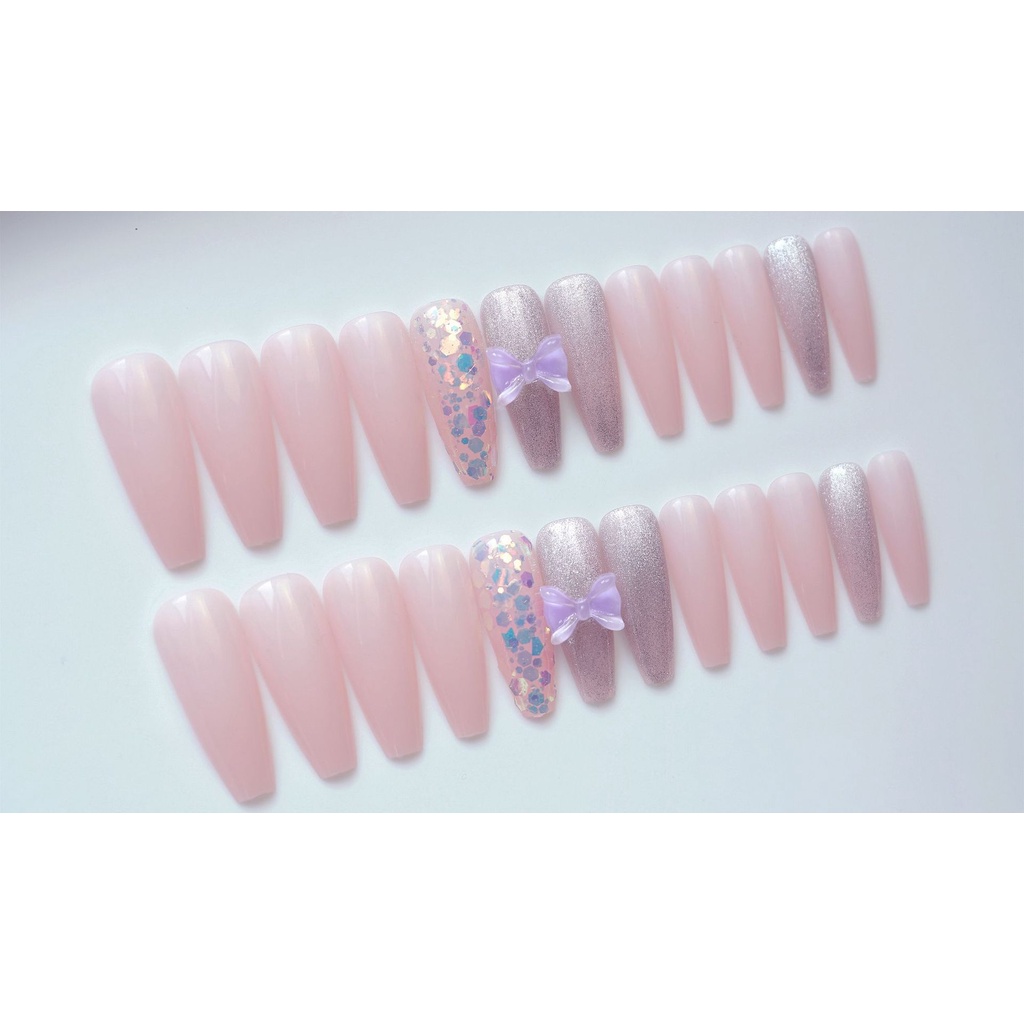 Z-78 Miếng Dán Móng Tay Giả Kim Sa Hình Bướm Màu Tím Pha Lê Handmade/Móng Tay Giả 3d / Móng Tay Giả Kèm Keo Móng Dài/ nơ kèm keo dán dễ thương xinh xắn