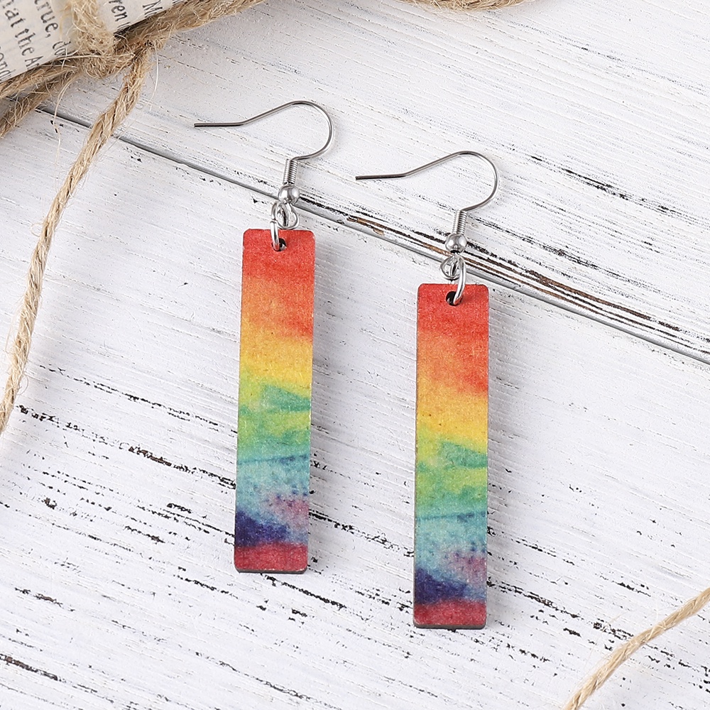 Khuyên Tai Mặt Gỗ Hình Học Họa Tiết Tranh Sơn Dầu Màu Gradient Cầu Vồng Phong Cách Vintage Yanqueens